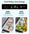 Close-up of 22Qt Portable Car Fridge And Freezer With Dual 12V Dc And 110V Ac Plugs, showcasing food items in eco mode.