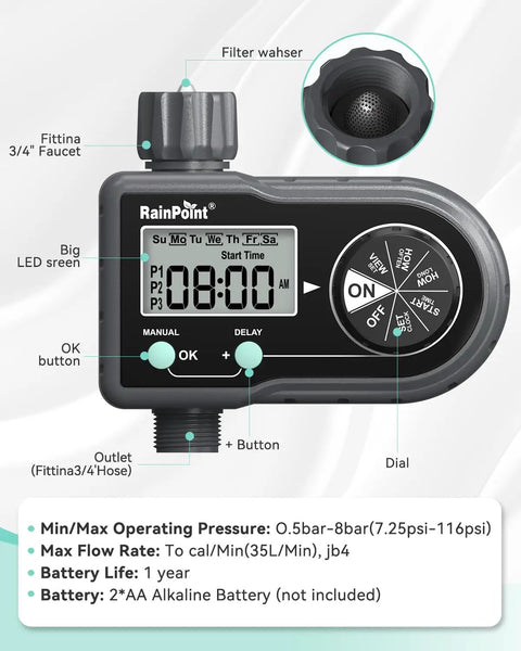 Sprinkler Timer For Garden Hose With Three Programs And Daily Or Specific Day Scheduling Programmable Automatic Or Manual Lawn Watering System With Battery Powered Reliability And Easy Setup No Fuss showing digital display and controls
