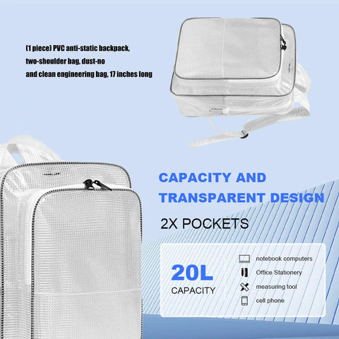 Heavy Duty Pvc Antistatic Backpack With Spacious Transparent Front Panel Ergonomic Tool Pack Built Solid For Cleanroom Protocols And All Day Job Site Hauls with clear design and multiple pockets.