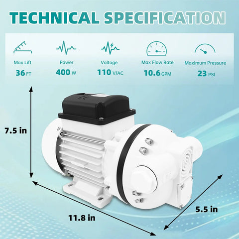 Beast Mode High-Flow DEF Transfer Pump 10.6 GPM Self Priming Electric Diaphragm Drum Pump with technical specifications.