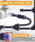 120 Piece Quick Connect Air Hose Fittings Kit showing 360-degree rotation lock on push-to-connect pneumatic fittings with NPT threads.
