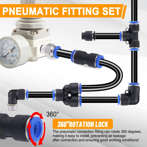 120 Piece Quick Connect Air Hose Fittings Kit showing 360-degree rotation lock on push-to-connect pneumatic fittings with NPT threads.