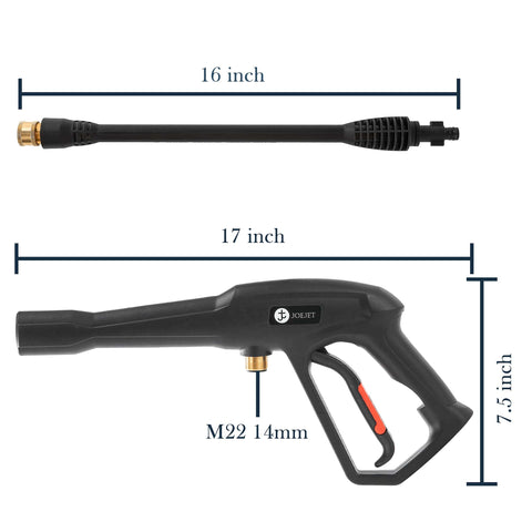 Beefed Up High Pressure Washer Replacement Gun With Jet Wand And 5 Spray Nozzle Tips For Karcher Ryobi Greenworks And PowerStroke Electric Washers Not For Gas Units, dimensions labeled