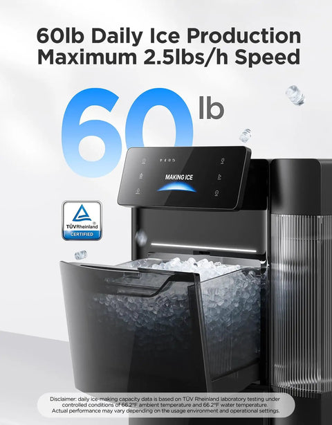 Smart Nugget Ice Maker Delivering 60 Pounds Daily Capacity And 6 Minute Rapid Ice Production Yields, showing 60 lb ice bin.