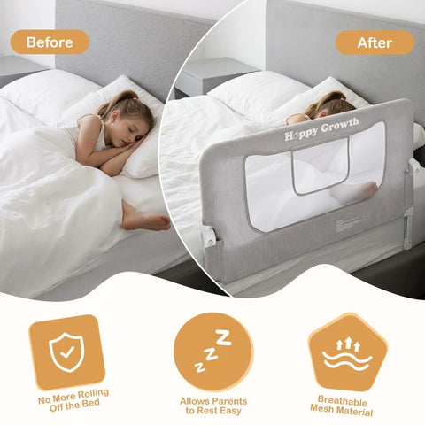 Foldable Bed Rail for Toddlers Swing Down 71 Inch Bed Guard in action protecting sleeping child with breathable mesh