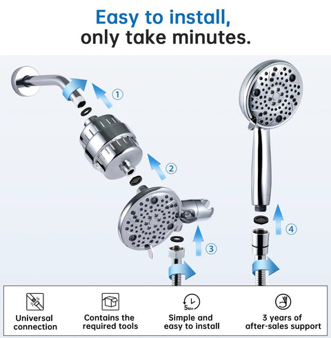 Filtered Shower Head With Handheld Combo Plus Three Way Diverter For An Easy Switch Shower Eight Settings For Custom Shower, High Flow To Fight Hard Water, Reduces Chlorine And Fluoride, Includes One Replacement Cartridge, Chrome Finish