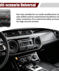 High Octane 30 Amp Manual Reset Circuit Breaker Rated For 12V To 48V DC Circuits displayed in modern car interior with audio system.