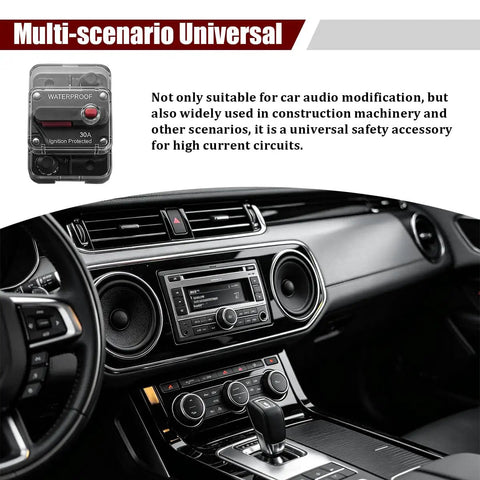 High Octane 30 Amp Manual Reset Circuit Breaker Rated For 12V To 48V DC Circuits displayed in modern car interior with audio system.