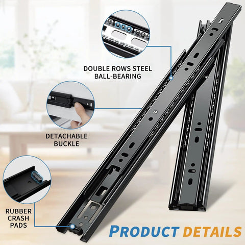 12 Inch Full Extension Drawer Slides Side Mount Ball Bearing Rails Black Beefed Up Heavy Duty 100 Lb Capacity For Dresser Cabinet Kitchen Fully Extended 24 Inch 1 Pair, showing detailed view of components like steel ball-bearing, detachable buckle, and rubber crash pads.