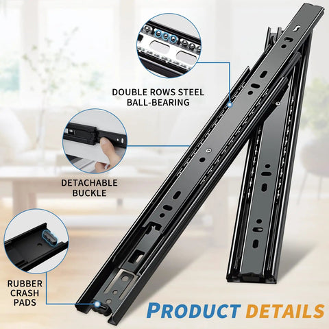 Beefed Up Full Extension Drawer Slides 12 Inch Side Mount Ball Bearing Rails 100 Lb Capacity, detachable buckle, rubber pads