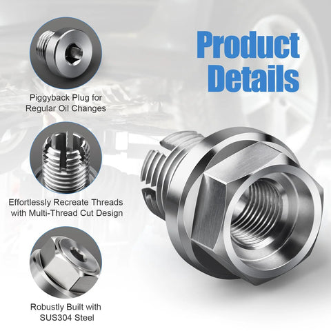 Oil drain plug repair kit, oversized M16.1-1.5x15mm, SUS304 stainless steel, self-tapping oil pan threads.
