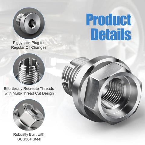 Oversize Piggyback Oil Drain Plug Kit Beefed-Up Stainless Steel 304 Self Tapping Oil Pan Thread Repair For M14.1-1.5 X 15mm