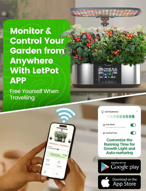 Smart Indoor Hydroponics System With 21 Pods App And WiFi Control 36W LED Grow Light shown with app control on smartphone.