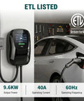 Level 2 Ev Charger 9.6Kw 40A 240V J1772 Nema 14-50P Etl Certified mounted on wall with EV plugged in.
