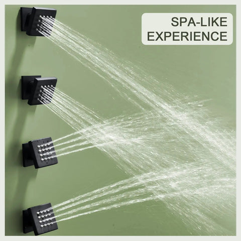 Matte Black Square Shower Body Jets Set 4 Pieces With 16 Nozzles, High-Volume Hydrotherapy Massage spraying water, wall mounted.