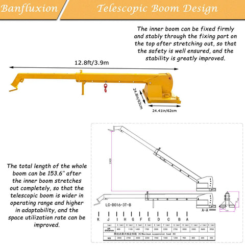 Heavy Duty Forklift Jib Boom Crane With 6600 Lbs Capacity Featuring Integrated Fixed And Movable Hooks Plus 12.8 Ft Telescopic Arm with detailed design and dimensions.