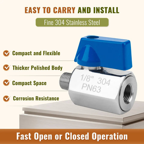 Four Pack 1/2 NPT Mini Ball Valves In 304 Stainless Steel, compact design, corrosion resistant, shown with easy to install feature