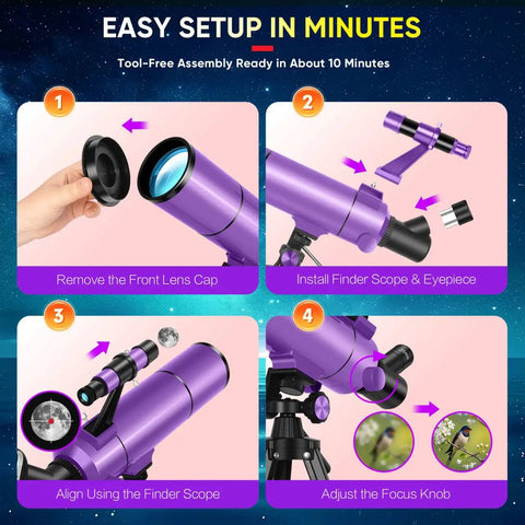 Portable 80mm Aperture Telescope For Kids And Adults High Power 500mm Refractor With setup instructions in purple.