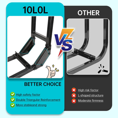 Comparison of Universal Golf Cart Rear Seat Grab Bar Built Damn Tough For Yamaha Ezgo Club Car with triangular reinforcement vs. L-shaped structure.