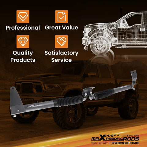 Dual Steering Stabilizer For Dodge Ram 2500 3500 4WD With Two Inch Lift G1 Version shown on lifted truck with diagram