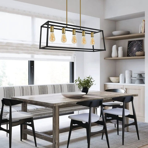 5 Light Modern Farmhouse Kitchen Island Chandelier With Black Brass Industrial Vibe For Kitchen Island And Living Room Open Geometric Frame With Matte Black Brass Finish Dining Room Fixture hanging over dining table.