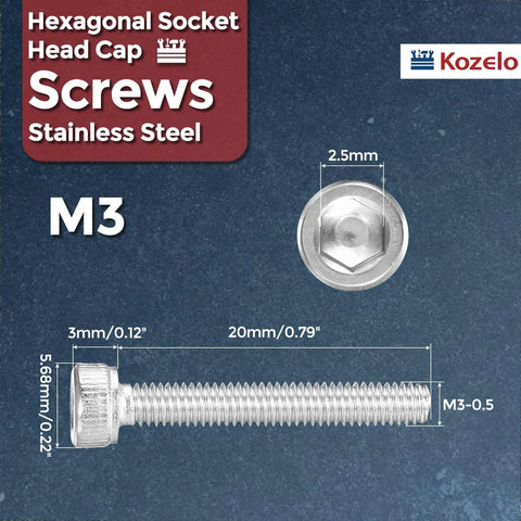 Top Shelf 304 Stainless Steel Socket Head Cap Screws M3 X 20mm Hex Drive Fasteners Silver detailed dimensions shown
