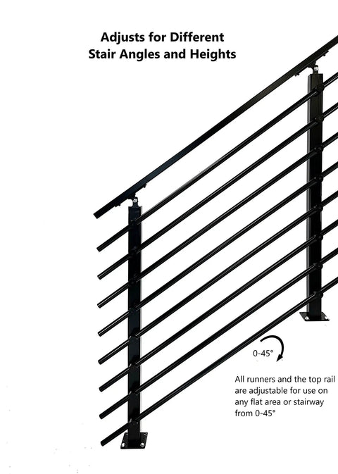 Top Shelf Horizontal Steel Railing Banister Kit 17 Point 5 Ft shows adjustable black steel railings for stair heights 0-45°.