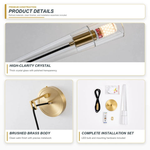 XYDikssn Crystal Wall Sconces, Brushed Gold Brass Wall Lights with Clear Crystal Glass, showing brushed brass body and crystal lamp details.