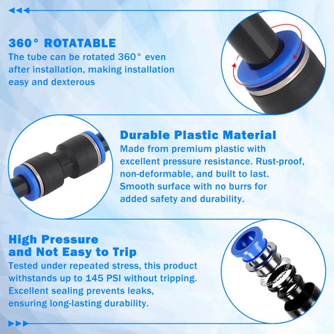 Detailed features of Dope 90 Piece Quick Connect Air Fittings Kit For Pneumatic Systems with rotatable and durable plastic fittings.