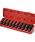 Three Eighths Inch Drive Deep Universal Impact Socket Set 6 Point Metric Chrome Molybdenum Steel With Black Phosphate Coating in red case