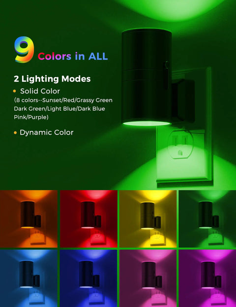 LED Night Light Plug In Wall Color Changing RGB With Dusk To Dawn Sensor Cozy Vintage Black Frame showing 9 color modes