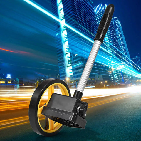 Luocute Mechanical Distance Measuring Wheel 0 to 9999.9m (small wheel) with yellow wheel and adjustable handle on a city street.