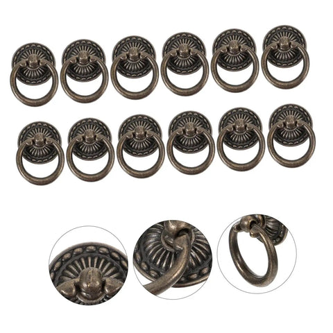 Vintage Retro Old School Cabinet Pull Handles 12pc Set In Antique Alloy Round Ring Drawer Knobs in Aged Bronze on White Background