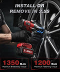 Heavy Duty Cordless Impact Wrench With Beefy Torque And No Sweat Operation 1350 Nm High Output Battery Powered Half Inch Drive Impact Gun removing lug nuts on a car wheel.