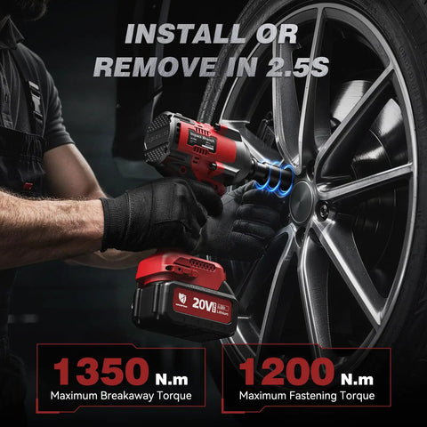 Heavy Duty Cordless Impact Wrench With Beefy Torque And No Sweat Operation 1350 Nm High Output Battery Powered Half Inch Drive Impact Gun removing lug nuts on a car wheel.