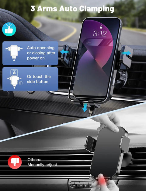 Auto Clamping Wireless Car Charger Mount With Air Vent Holder 15W 10W 7.5W Fast Charging shown with phone in car dashboard