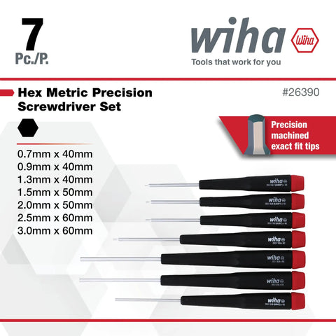 Pro Grade Hex Metric Screwdriver Set With Precision Handle And Cushioned Grip Dope Ergonomics For Quick Spins Sizes 0.7 0.9 1.3 1.5 2.0 2.5 3.0mm Seven Piece Exact Fit Machined Tips Easy ID Tip Profiles Extra Long Handle For Maximum Torque package with screwdrivers displayed