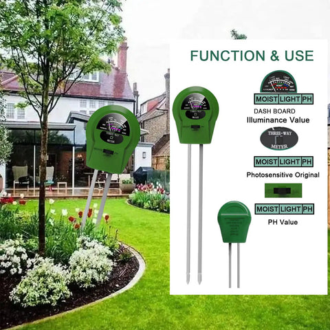 4 In 1 Soil Moisture Meter For Plants Moisture Light pH And Nutrient Tester Soil Test Kit For Garden Lawn Farm Indoor Outdoor Use No Battery Required Easy Read For Healthy Plants displayed in a garden setting with functionality guide.