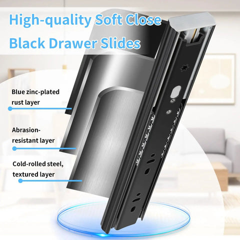 Full Extension Drawer Slides Set 10 12 14 16 18 20 22 24 Inch Side Mount Rails With Soft Close Ball Bearing in black with layers visible.