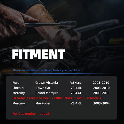 Mechanic using wrench on car engine with fitment table for Fuel Pump Assembly For Ford Crown Victoria Lincoln Town Car Mercury