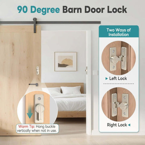 Heavy Duty 90 Degree Barn Door Lock With Zinc Alloy Build, Ball Bearing Latch installed on wooden barn door, showing locking mechanism.