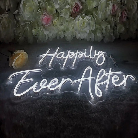 Two Piece LED Neon Light Sign Set Happily Ever After for wedding decor with flowers backdrop.