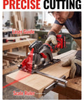 20V Cordless Mini Circular Saw Featuring Beast Mode 4500 RPM Kick And Four And One Half Inch Capacity Includes 20V 3.0Ah Battery for precise laser-guided cuts on wood.