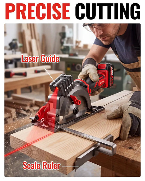 20V Cordless Mini Circular Saw Featuring Beast Mode 4500 RPM Kick And Four And One Half Inch Capacity Includes 20V 3.0Ah Battery for precise laser-guided cuts on wood.