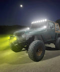 Jeep with XLK Series Linkable Mounting Brackets Kit For Off Road Roof LED Light Bars And Front Bumper Auxiliary Lights at night