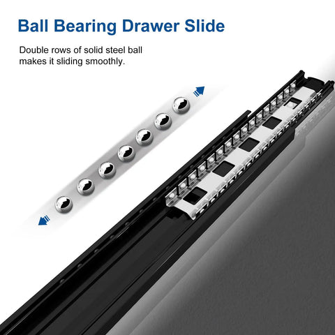 Ball Bearing Drawer Slide with solid steel ball rows for smooth sliding, from Push To Open 24 Inch Drawer Slide, 3-Fold Full Extension, Heavy Duty 100lb Load Capacity For Handleless Cabinets And Drawers, Ball Bearing Side Mount, Black Finish, 5 Pair Pack.