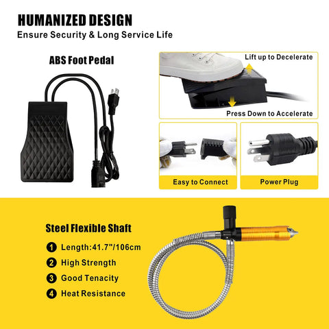 1000W Flex Shaft Rotary Tool With 30000 RPM Speed, foot pedal control, steel flexible shaft details and features