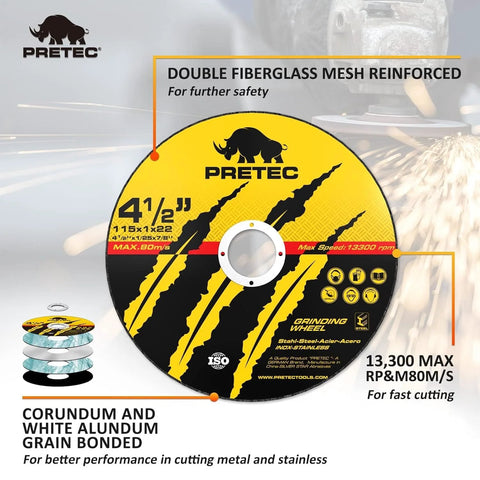 Front view of PRETEC 4-1/2 in metal cutting wheel, 50+5 pack, fiberglass mesh reinforced, 7/8 in arbor