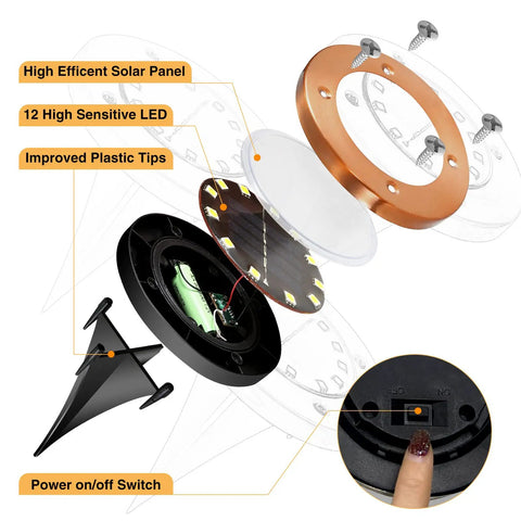 Exploded view of Bronze Solar In Ground Disc Lights 8 Pack For Pathway Garden Yard Patio Walkway 12 LED Outdoor Lighting Kit