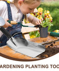 Stainless Steel Garden Hand Trowel Go To Transplanting And Soil Loosening Tool near child planting in garden with ergonomic grip.